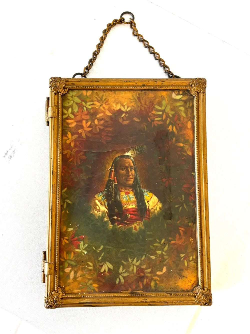 Mirror: Antique Victorian Beveled Tri-Fold Hanging Brass Indian Floral Wall Art